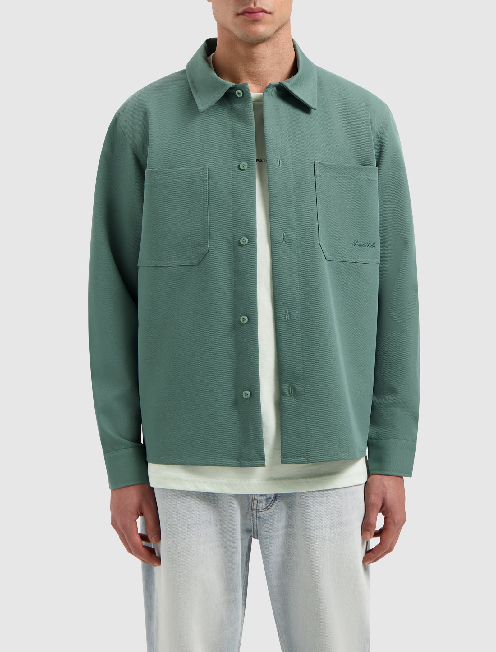 Cursive Embroidery Shirt | Faded Green